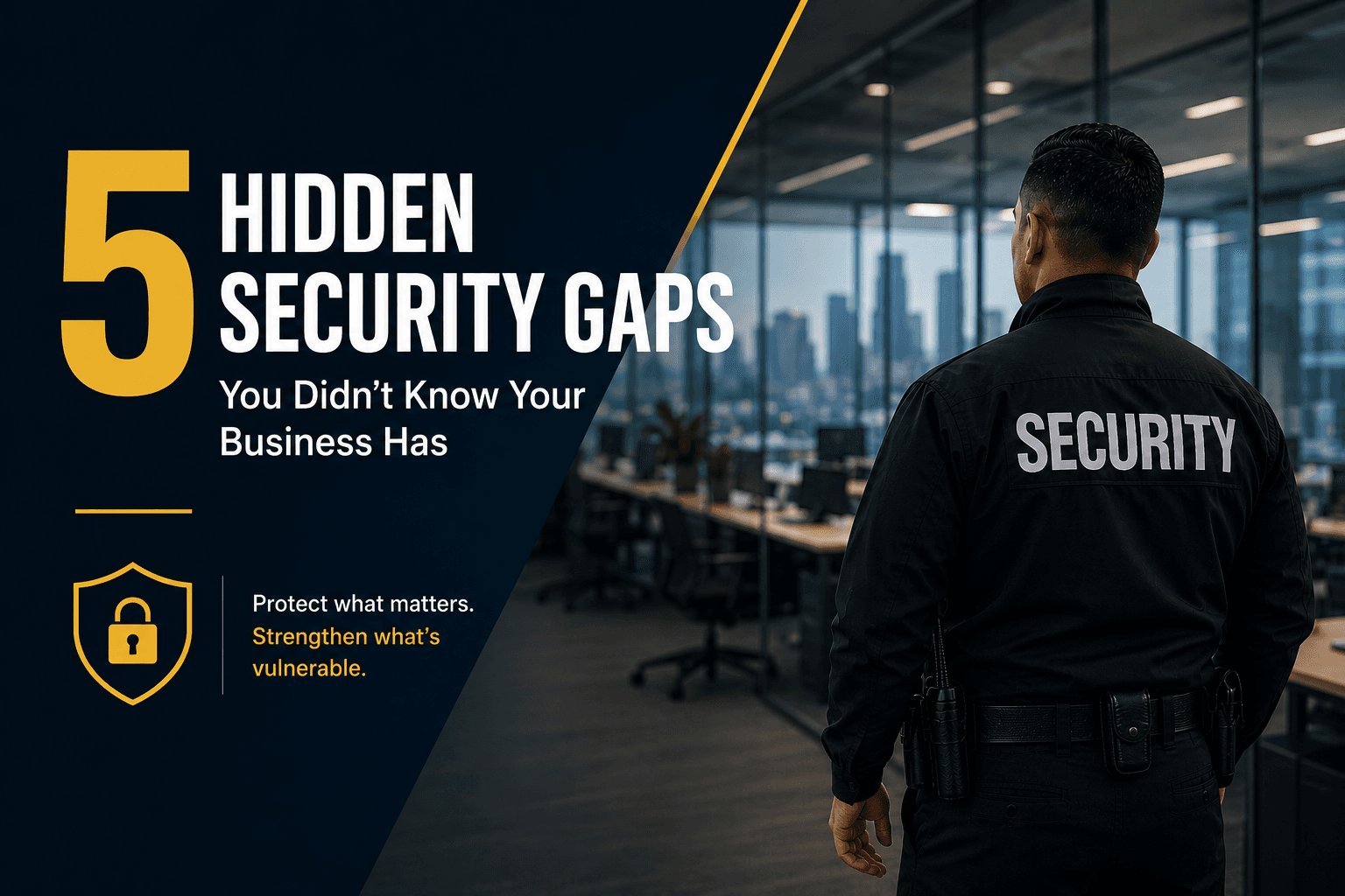 Security guard standing inside a modern office building beside text reading “5 Hidden Security Gaps You Didn’t Know Your Business Has,” highlighting business security vulnerabilities and risk prevention.