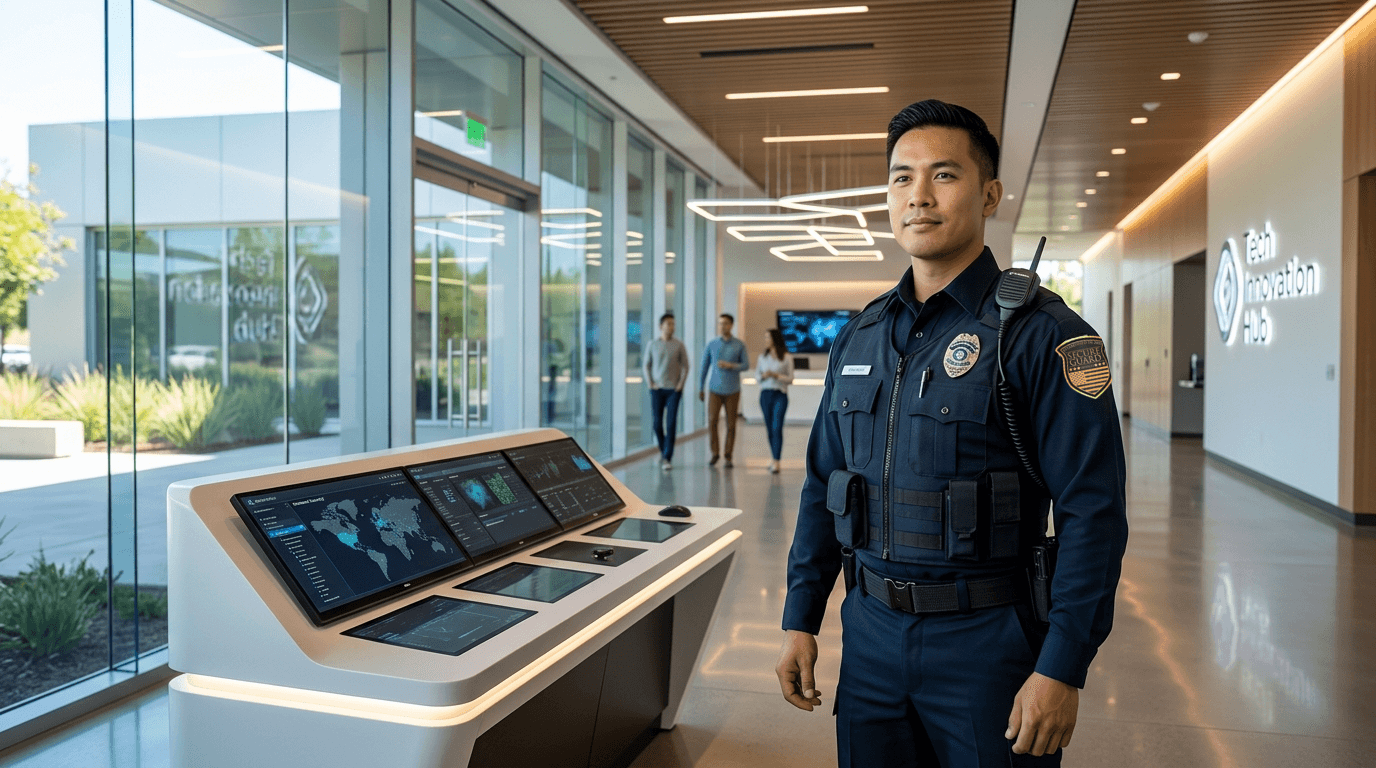 Professional security guard standing outside a modern commercial facility in Fremont, California, representing security guard services for tech companies, office campuses, and corporate properties.