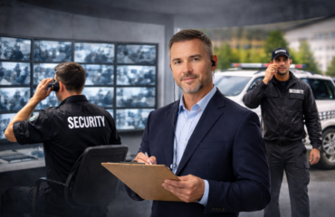 Security supervisor reviewing reports while monitoring guards and CCTV operations, demonstrating professional security guard supervision and management