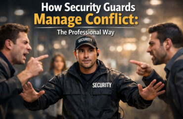 Security guard professionally de-escalating a conflict between two individuals, demonstrating calm communication and crowd control techniques