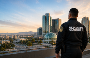 Security guard overlooking downtown San Jose skyline, representing reliable security services for businesses and commercial properties