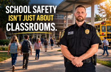 School security guard standing outside campus entrance as students walk toward classrooms, highlighting comprehensive school safety beyond classrooms
