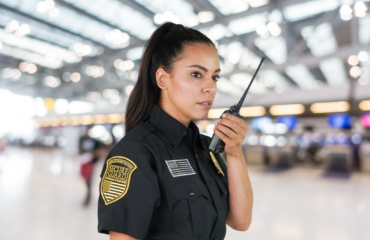 Security guard using a two-way radio inside a busy facility, coordinating emergency response and evacuation procedures