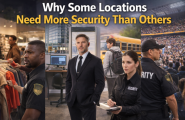 Collage of security guards in retail store, office building, school area, and crowded event venue illustrating why different locations require varying levels of security services