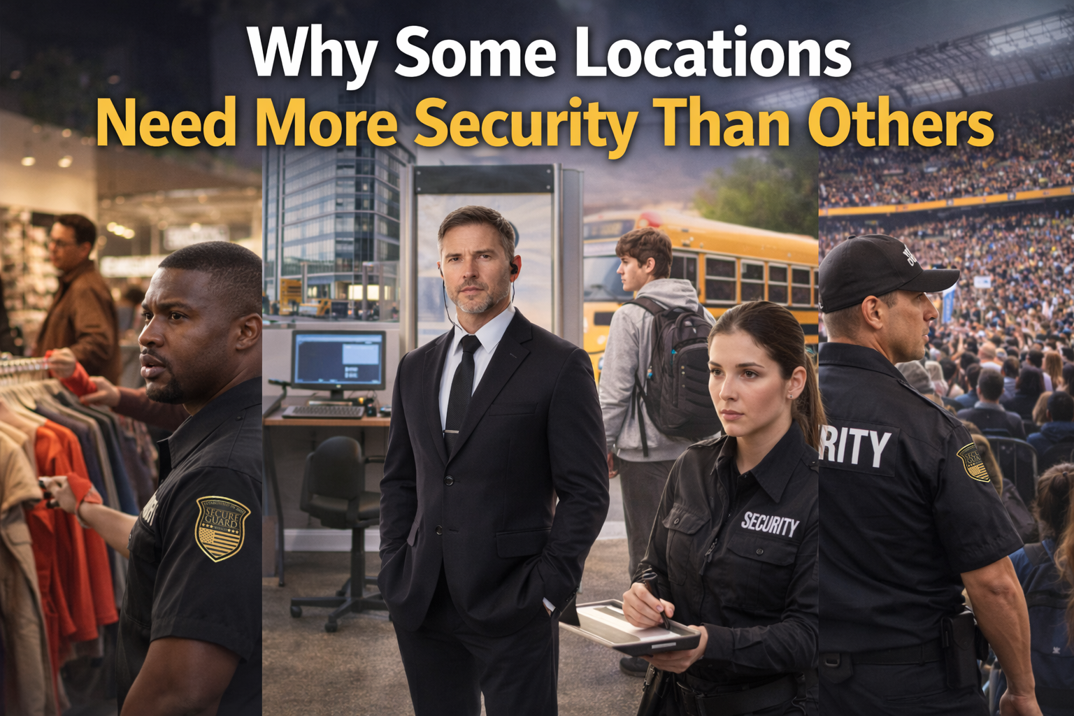 Collage of security guards in retail store, office building, school area, and crowded event venue illustrating why different locations require varying levels of security services