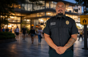 Professional security guard standing in a busy public area at night, highlighting the need for increased security in high-traffic locations