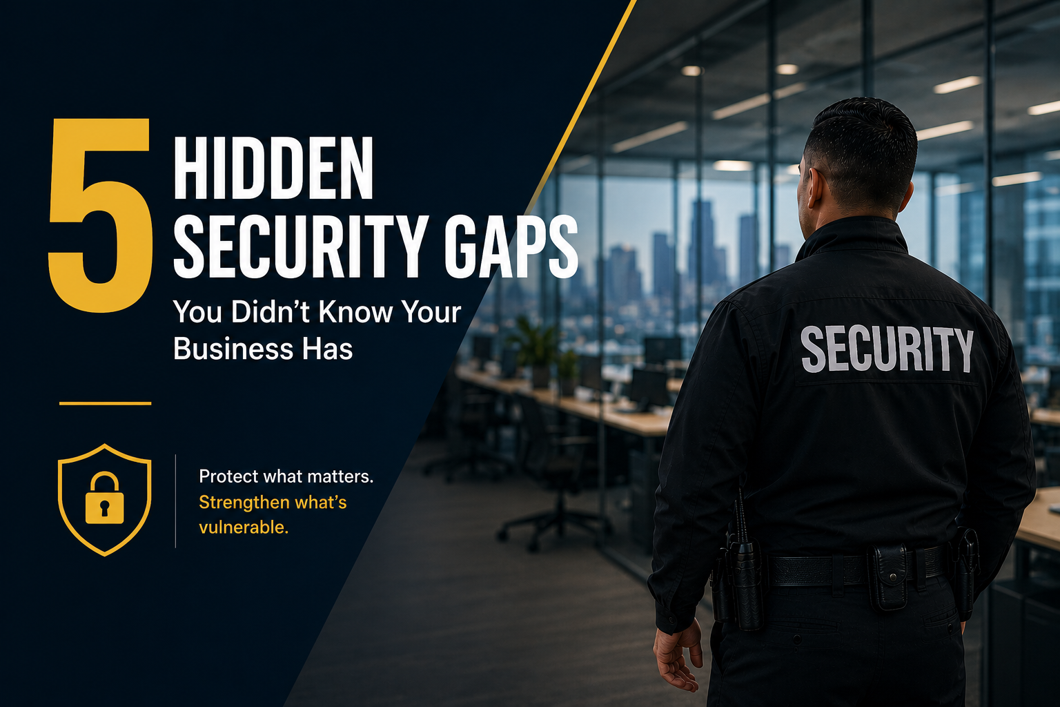 Security guard standing inside a modern office building beside text reading “5 Hidden Security Gaps You Didn’t Know Your Business Has,” highlighting business security vulnerabilities and risk prevention.