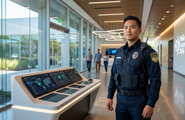 Professional security guard standing outside a modern commercial facility in Fremont, California, representing security guard services for tech companies, office campuses, and corporate properties.
