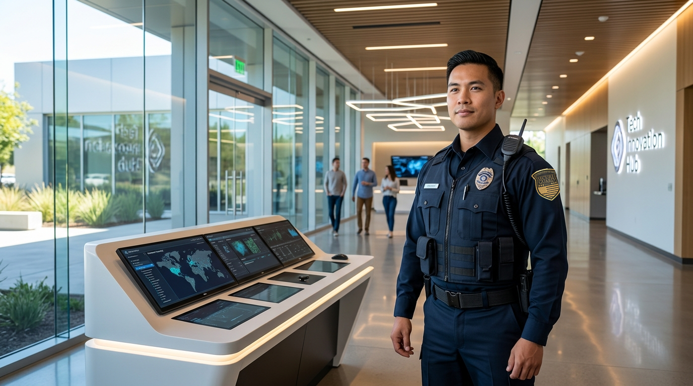 Professional security guard standing outside a modern commercial facility in Fremont, California, representing security guard services for tech companies, office campuses, and corporate properties.