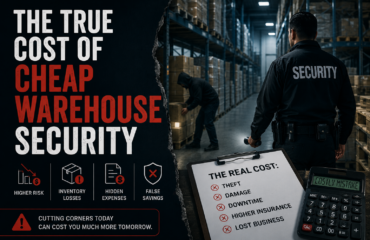 Security guard patrolling a warehouse aisle while a suspicious individual handles inventory boxes, highlighting the hidden risks and financial consequences of cheap warehouse security services.
