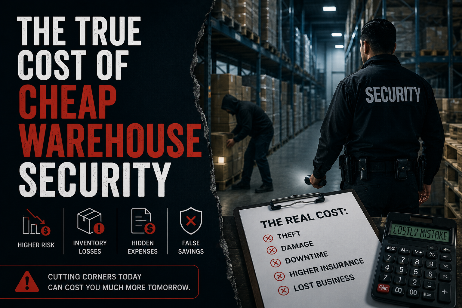 Security guard patrolling a warehouse aisle while a suspicious individual handles inventory boxes, highlighting the hidden risks and financial consequences of cheap warehouse security services.