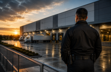 Security guard monitoring a large warehouse and logistics facility at sunset, representing customized commercial security solutions for businesses and industrial properties.