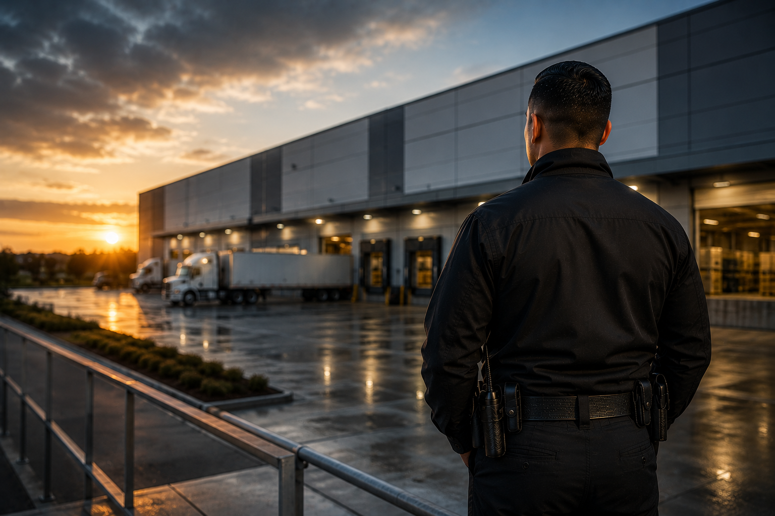 Security guard monitoring a large warehouse and logistics facility at sunset, representing customized commercial security solutions for businesses and industrial properties.