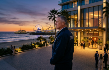 Professional hotel security guard monitoring beachfront property near Santa Monica Pier at sunset to ensure guest safety