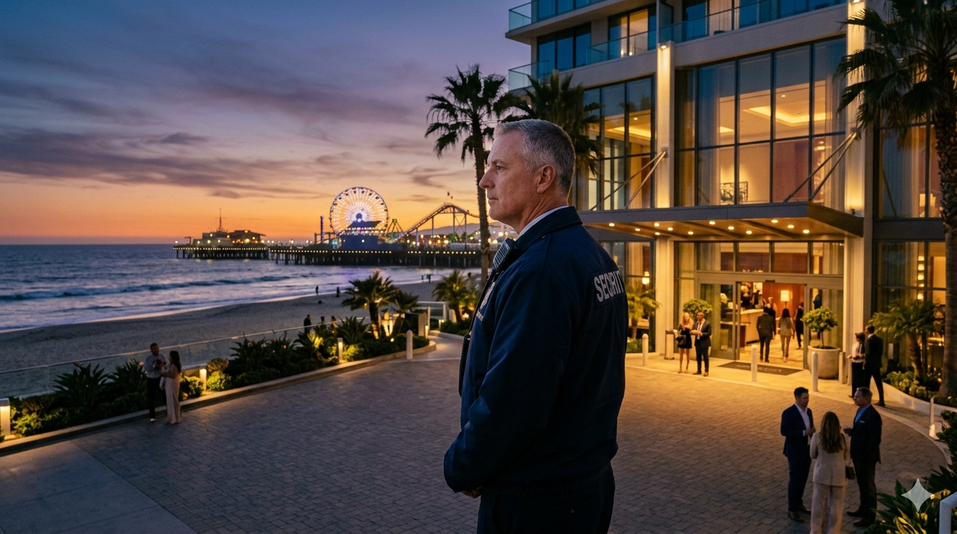 Professional hotel security guard monitoring beachfront property near Santa Monica Pier at sunset to ensure guest safety