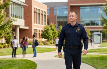 A professional security guard patrolling a college campus walkway with students walking in the background.