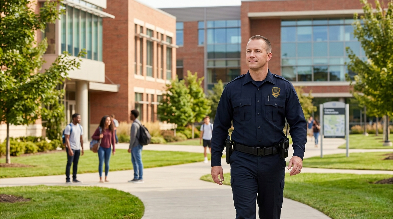 A professional security guard patrolling a college campus walkway with students walking in the background.